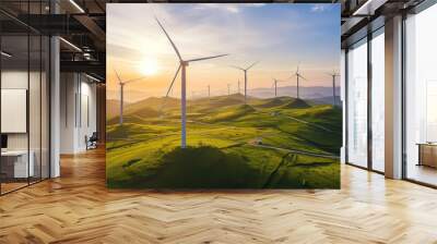 Panoramic view of wind farm or wind park with high wind turbines for generation electricity, Wind Energy And Technology, Green energy concept Wall mural